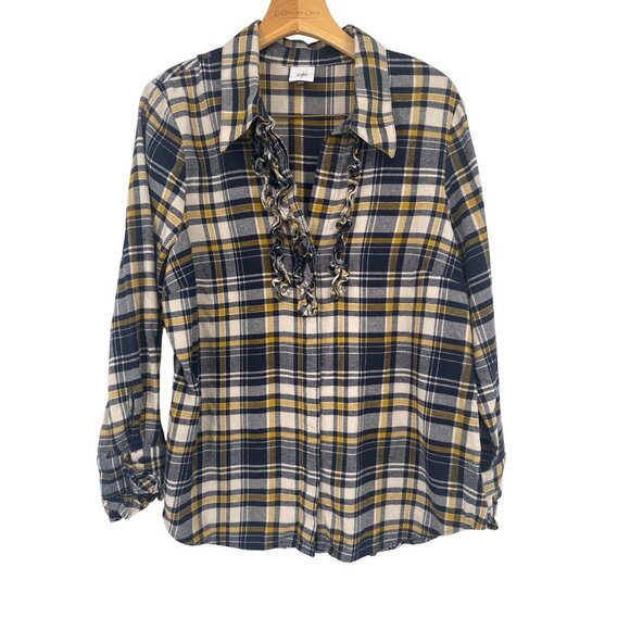 Cabi Womens Navy & Mustard Plaid Button-Up Shirt With Ruffle Front Detail Size L - Picture 2 of 6